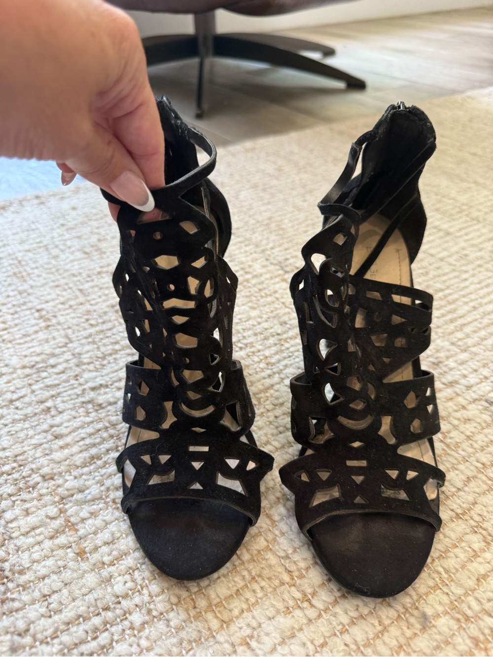 BCBG Black Laser-Cut Strappy High Heel Sandals